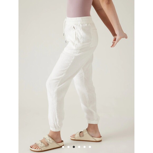 New Athleta Retreat 100% Linen Joggers Pants White Pull On Size 16 NWT Pockets - Picture 2 of 13